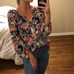 LOFT Floral Blouse with Navy and Red Accents